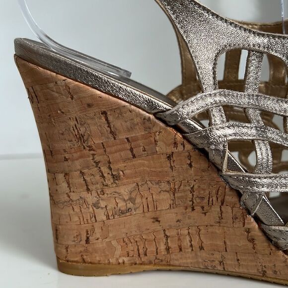 Stuart Weitzman Metallic Leather Wedge Cork Heel Lace Up Sandals Size 38 - Picture 9 of 15